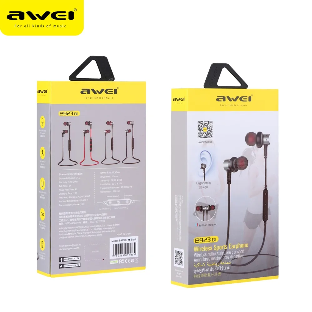 Магнитные Беспроводные Наушники AWEI B923BL Спортивная Bluetooth гарнитура бас наушники с