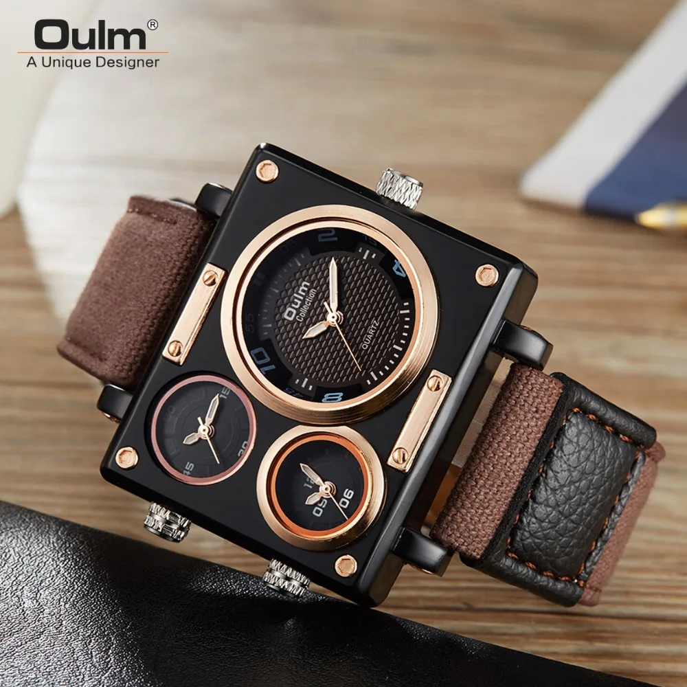 

Oulm Watch Luxury Brand Man Fabric Srap Quartz-Watch Clock Male Multiple Time Zones Square Sports Watches montre homme