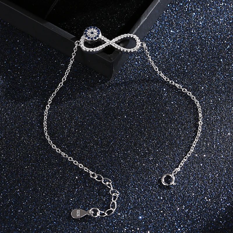 ELESHE 925 Sterling Silver Chain Link Women Bracelet Bangle Blue Rhinestone Lucky Eye&Infinity Charm Bracelet for Women Jewelry