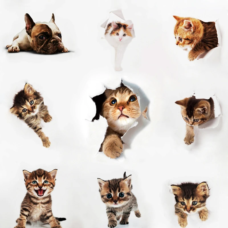 

3D Toilet Cats Stickers Kitchen Animal Cat Broken Wall Decoration Wall Stickers Children's Room Sticker for Refrigerator Bedroo