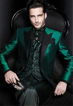 

New Arrivals Italian Green Men Suits Satin Slim Fit Formal Groom Prom Dress Tuxedo Male Coat 3 Piece Blazer Jacket+Pant+Vest