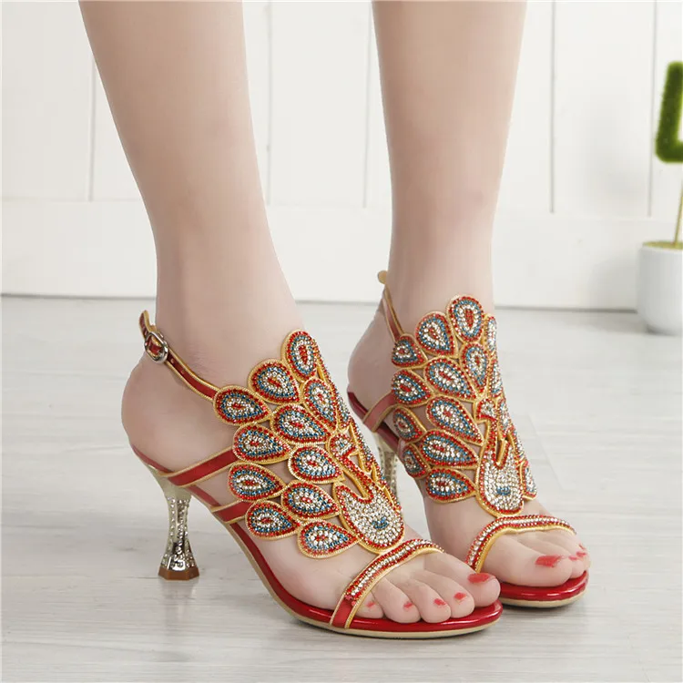 G-sparrow 2018 Summer New Korean Sexy Red Rhinestone Sandals Stiletto High Heel Diamonds Comfortable Womens Shoes Large Size3
