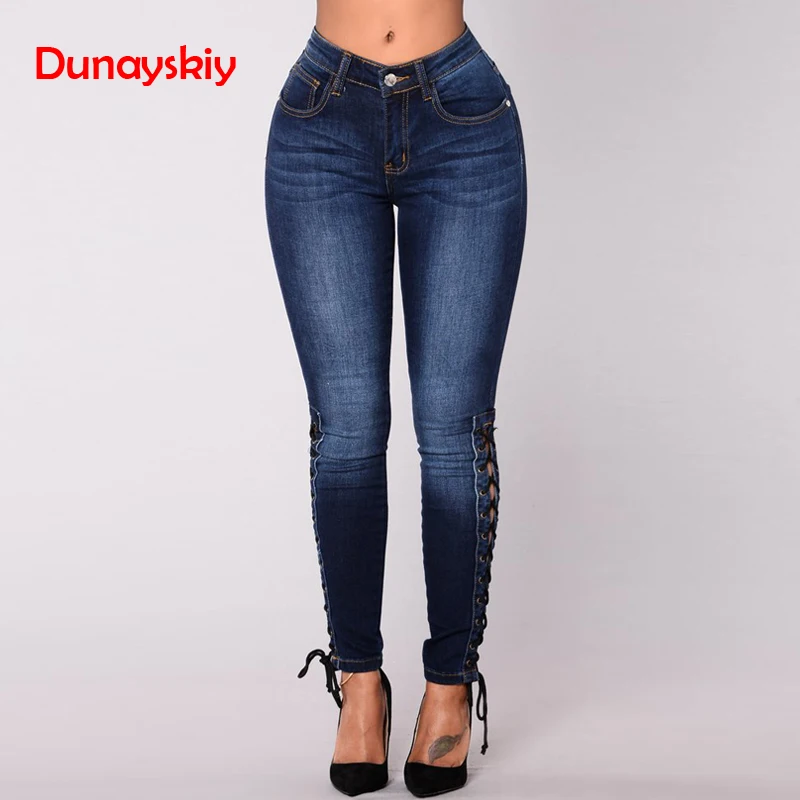 

2019 Spring Size Zipper Fly Side Lace Up Jeans Skinny High Waist Pockets Denim Pant Women Jeans Pencil Pants Trousers Big Size