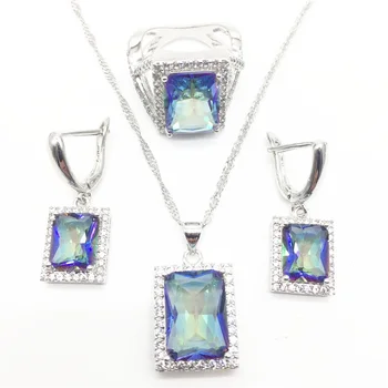 

Sterling Silver Jewelry Mystic Fire Zircon Jewelry Sets Women Wedding Earrings/Pendant/Necklace/Rings