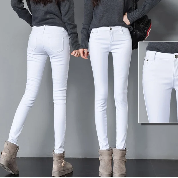 Weweya/белые зимние джинсы с высокой талией для женщин; теплые плотные вельветовые узкие джинсы-карандаш; женские брюки плюс кашемировые разноцветные джинсы - Цвет: White