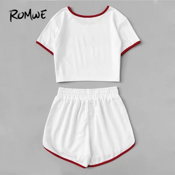 ROMWE Contrast Trim Letter Print Tee With Shorts 2019 New Summer Women Two Piece Set Fitness Style White Drawstring Sets 2