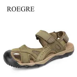 Roegre Новое поступление Лето Для мужчин сандалии высокое качество из натуральной кожи Для мужчин обувь тапочки пляжные прогулочная