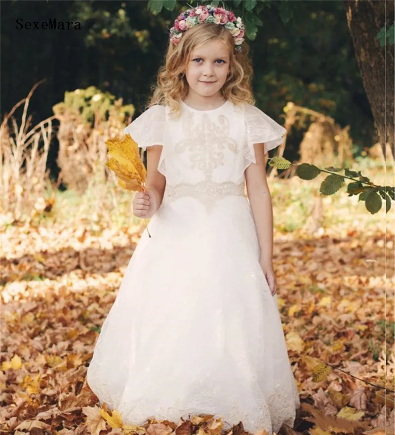 

Real Pictures Champagne Lace Flower Girl Dresses for Wedding Ball Gown Kids Pageant Dresses First Communion Gown Custom Made