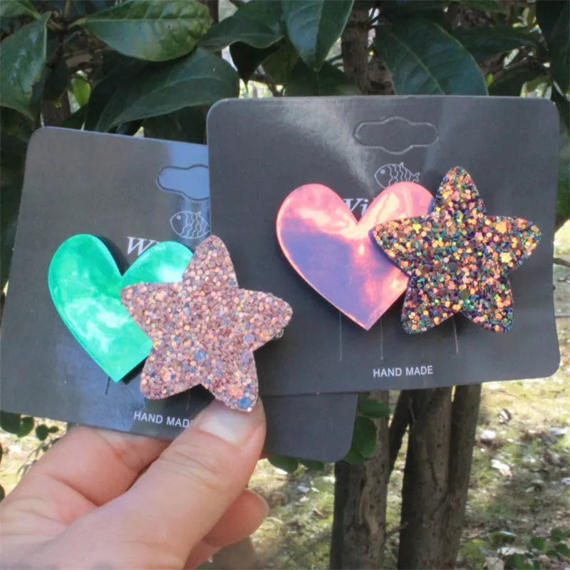 

10pcs/lot Glitter Star with Heart Hair Clip Metallic Glitter Artificial Leather Hairpin Valentine's Barrette Hair Grips