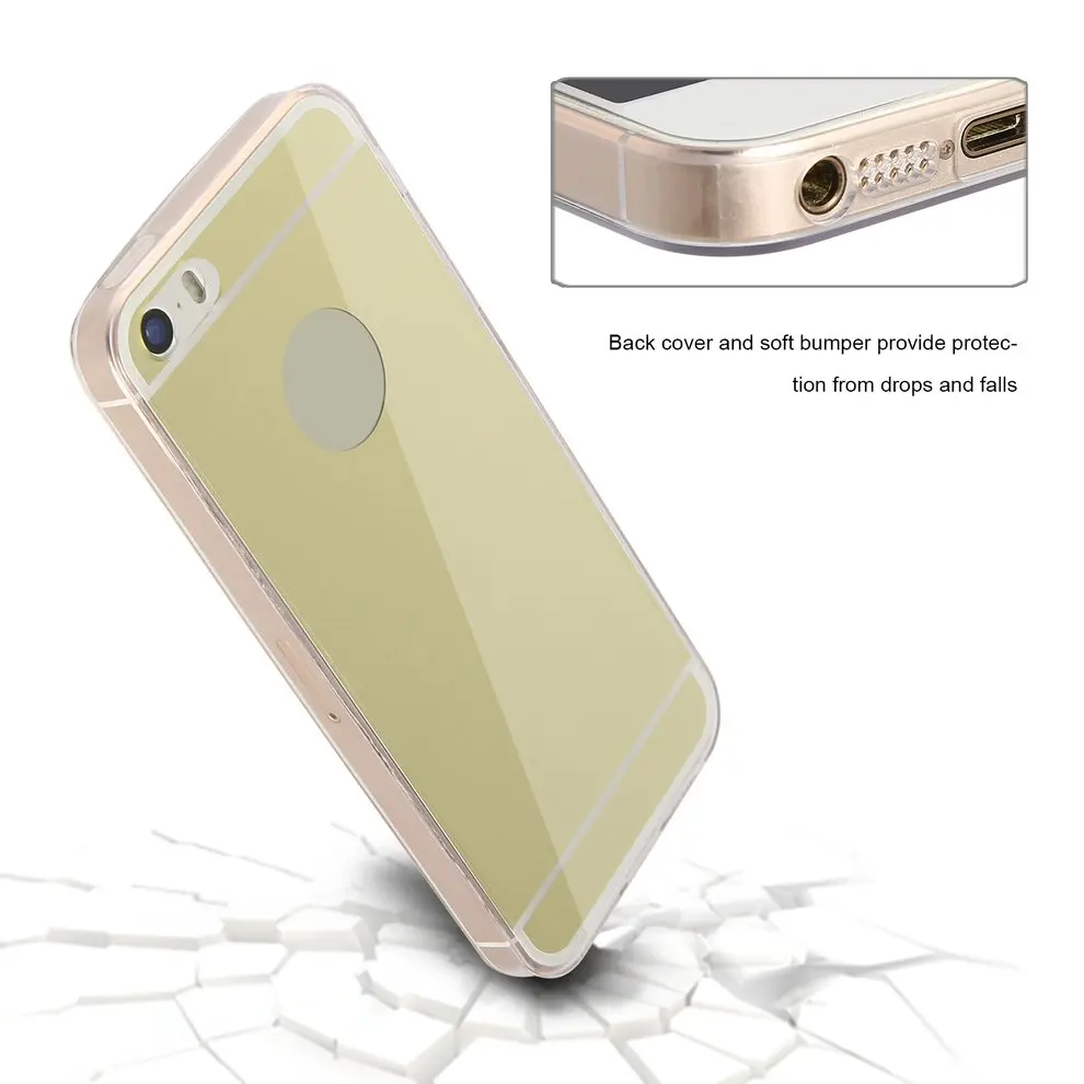 

2 Pcs Back MakeUp Mirror Phone Case Protective Case Gold Color Soft Silicone TPU Cover Shock-Absorption for Apple iPhone 5/5s