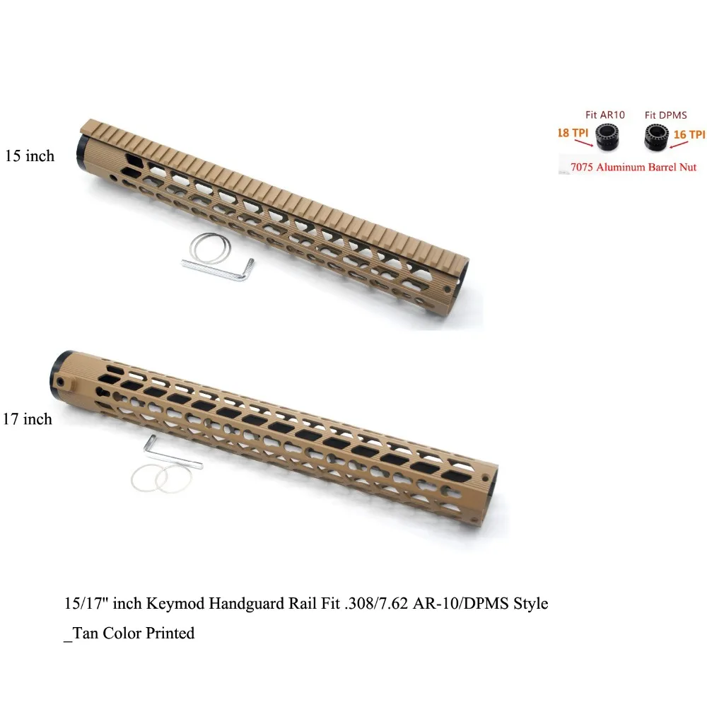 TriRock 15/17'' inch Keymod Free Float Handguard Monolithic Top Rail_Tan Color Printed Fit .308/7.62+7075 Aluminum Barrel Nut