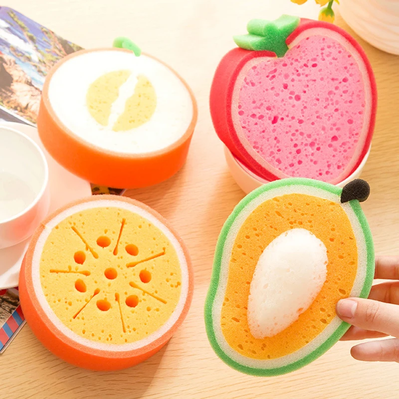 NEW 4pcs/set Cute Fruit Shape Microfiber Sponge Scouring Pad Cleaning