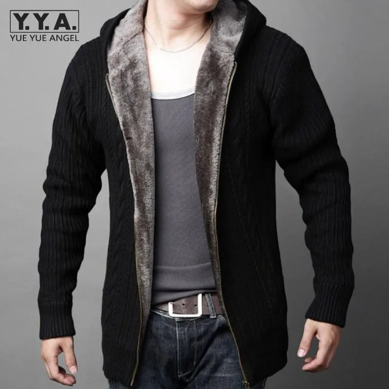 

2019 New Arrival Mens Cardigans Sweaters Casual Hooded Zipper Mens Sweaters Winter Warm Thicken Fur Lining Hombre Knitwear