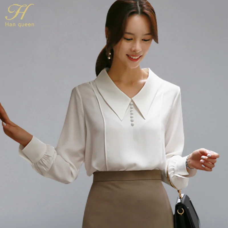 H Han queen элегантная женская рубашка осень зима новые корейские свободные тонкие блузки одноцветные белые рубашки OL Питер Пэн Топ Femme