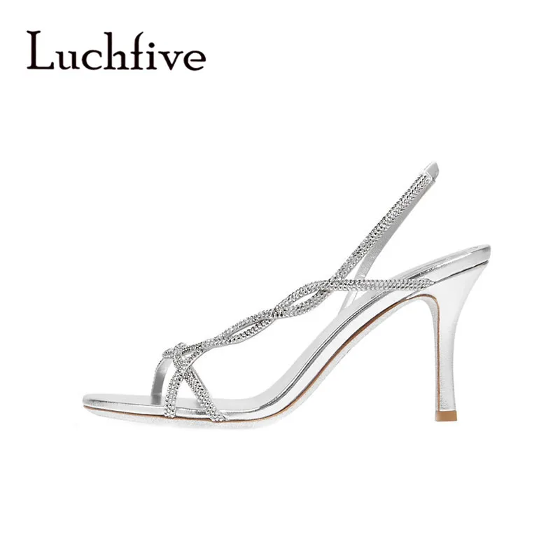 

Summer Beading Crystal Twining Sandals Women Stiletto Silver High Heel Wedding Sandals Bridal Shoes Woman