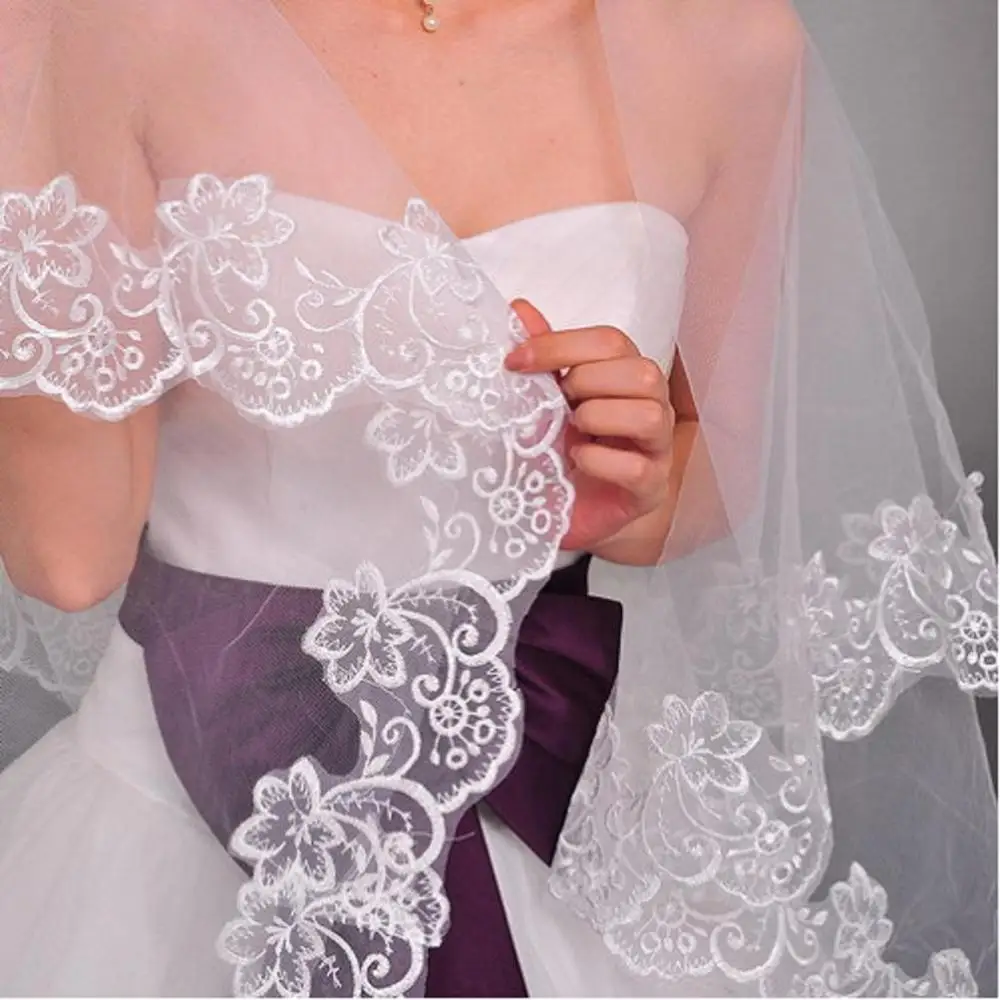 Bridal Veil Vintage White Ivory Short Tulle Wedding Bridal Veil Cathedral Length One Layer Applique Lace
