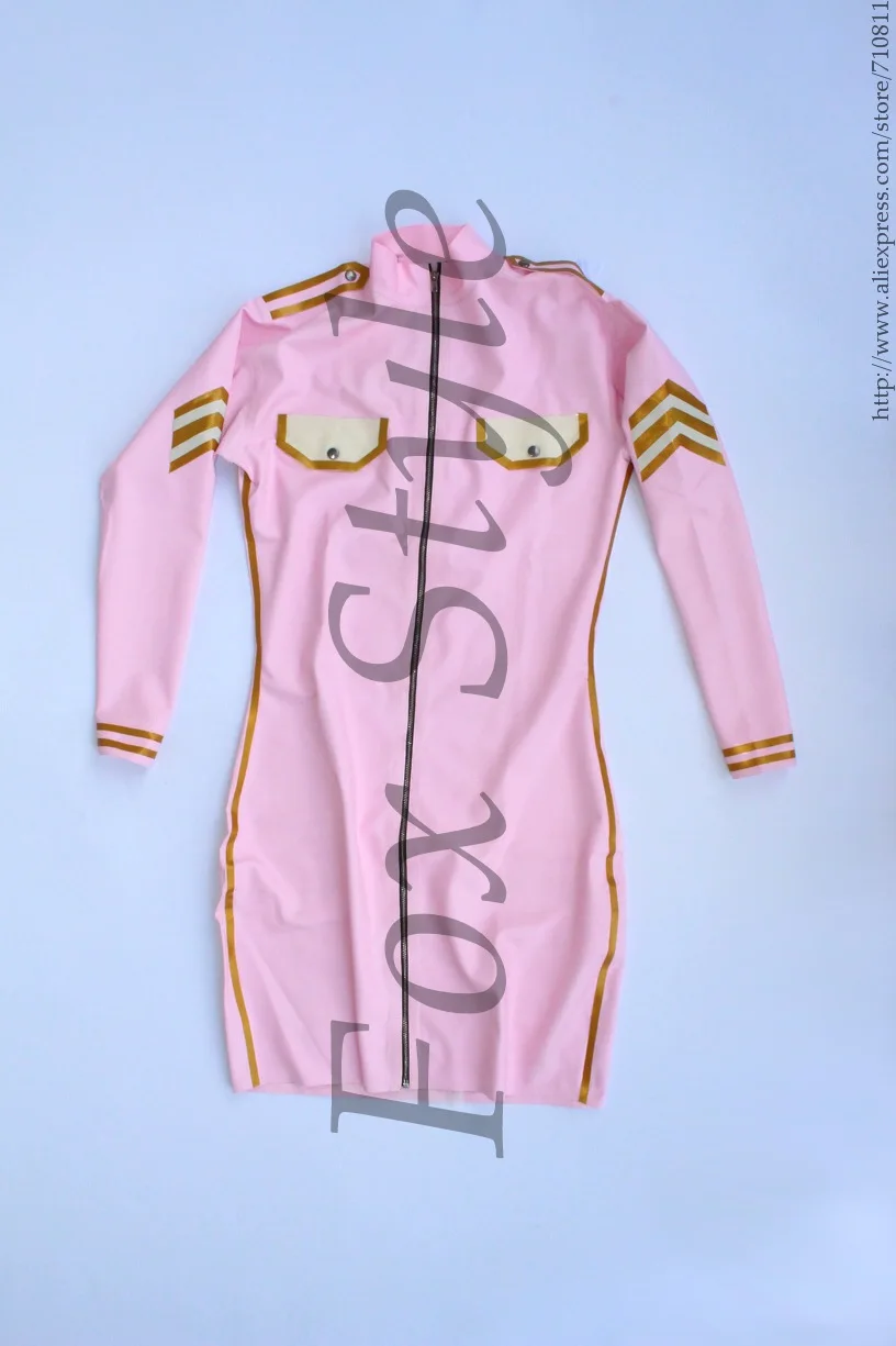 

Latex uniform dress in pink and gold white trim (including waist belt)