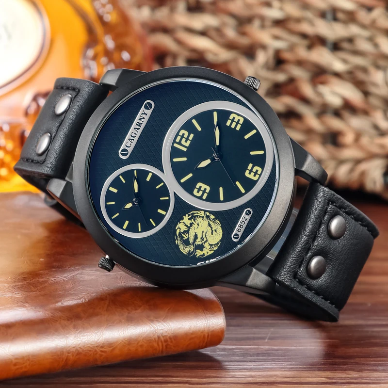 drop shipping cool big case men watches leather strap dual time zones sport mens quartz watch male clock dz style brave for men (4)