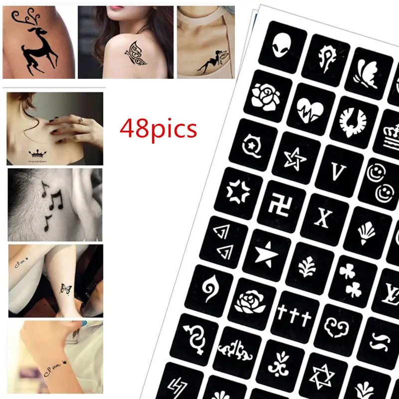 

48 pics Henna Tattoo Stencils DIY Drawing Airbrush Mehndi Body Art Small Signets Sign 0-9 Tatoo Stencil Jagua Templates