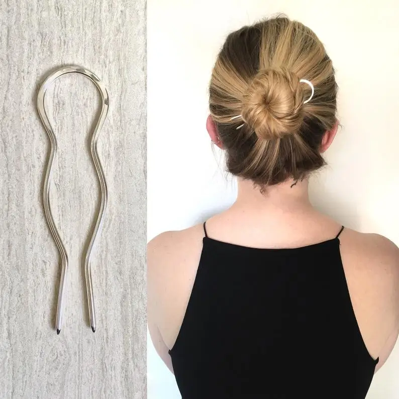 

Large Silver Hair Clip Pin Metal Headpiece Nickel Silver Bun Holder Handmade Boho Hair Fork Charming Hair Accessory Vintage Pin
