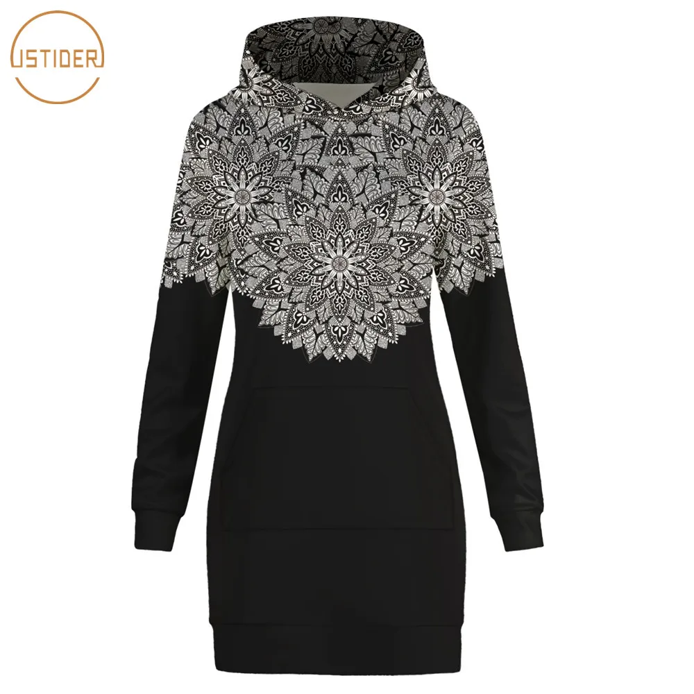 

ISTider Newest Autumn/Winter Thin Black Hoodie Dress Women Casual Sweatshirts Mandalas Floral Print Long Sleeve Long Tracksuits