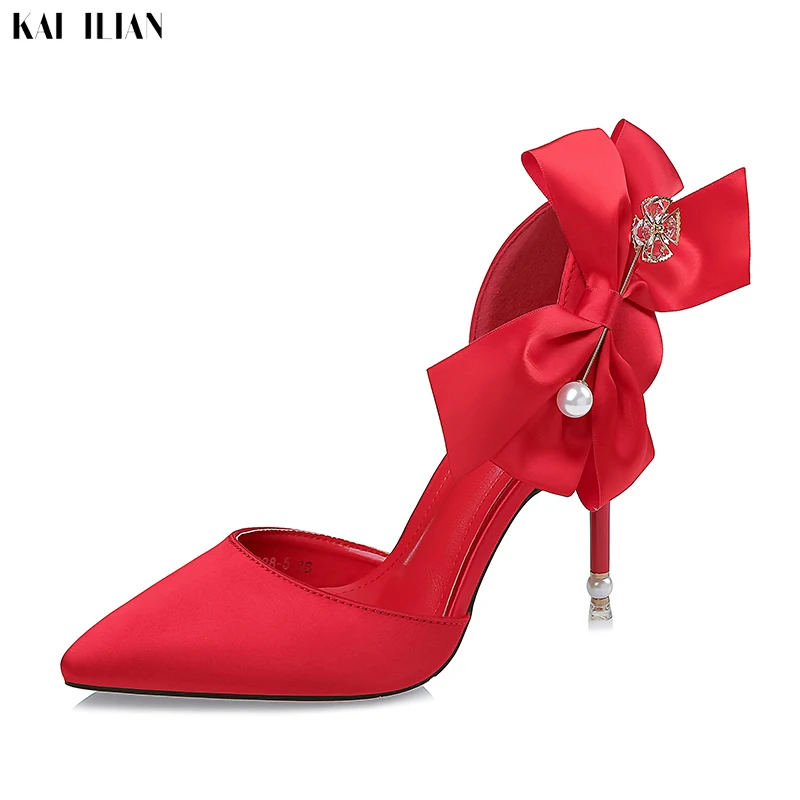 

Shoes Women high heels 2019 Wedding pumps pearl bowknot flower ladies shoe party red heels fashion chaussures femme pointed toe