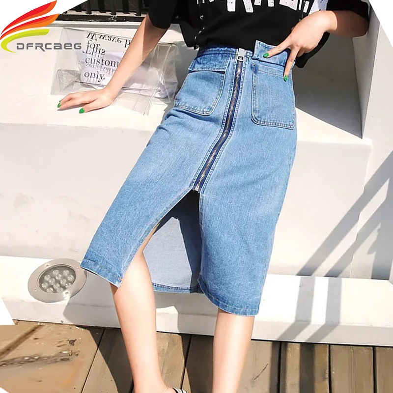 Long Denim Skirts 2018 Autumn New Arrivals Front Zipper Up Double Pockets A Line Jeans Skirt High Quality Waist Maxi | Женская одежда