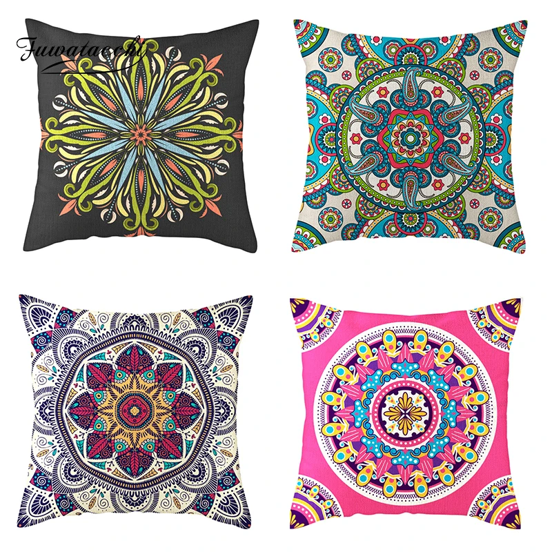 

Fuwatacchi Colorful Mandala Floral Nordic Cushion Cover Purple Green painting Flowers Throw Pillow Cover Linen Floral Pillowcase