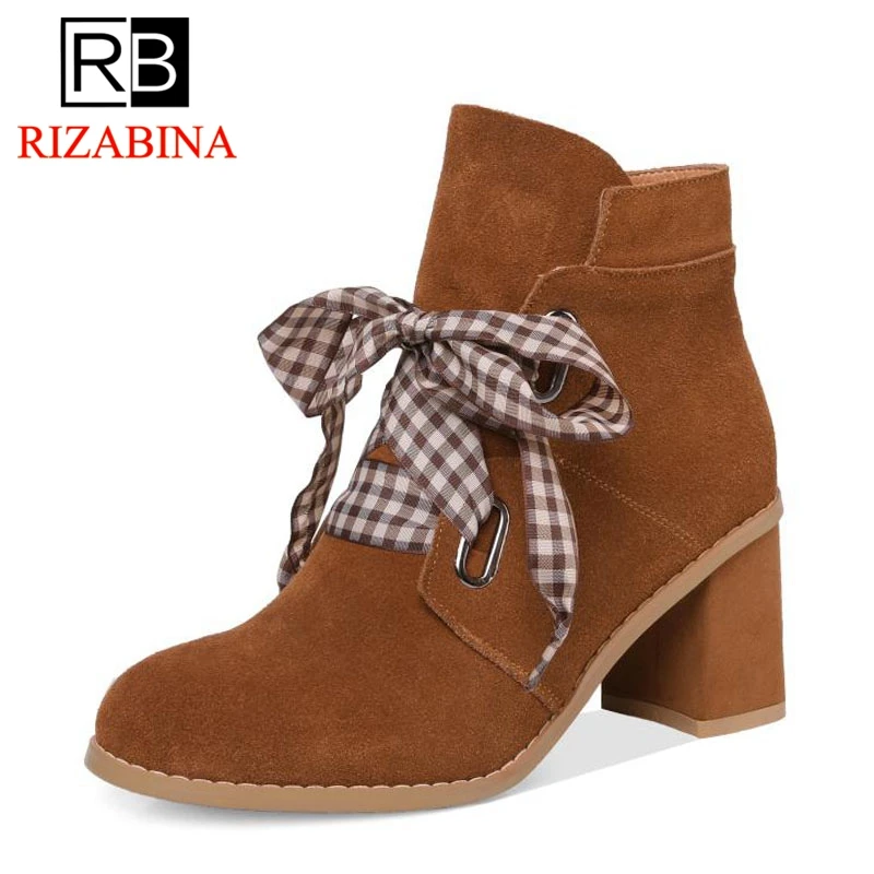 

RizaBina New Women High Heels Boots Real Leather Shoes Woman Winter Warm Ankle Boots Lace Up Ladies Short Boots Size 34-39