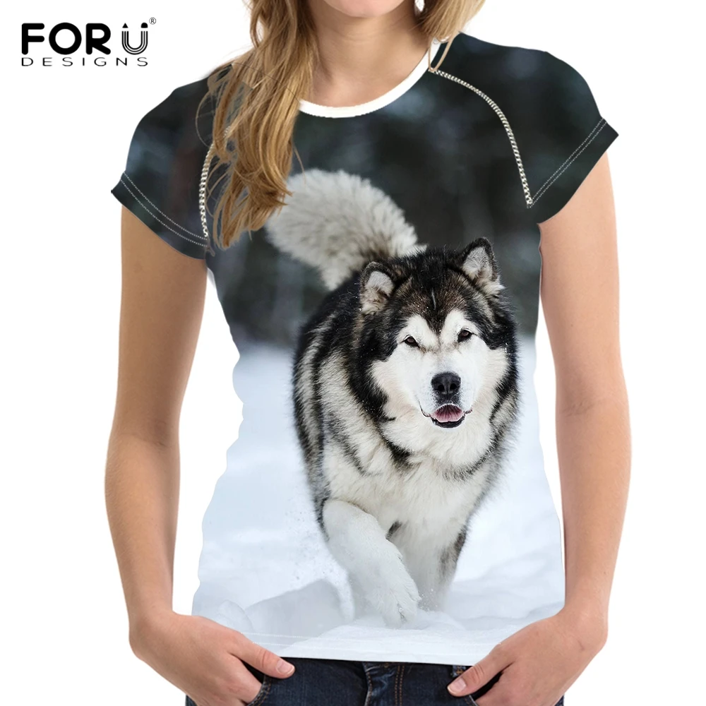 

FORUDESIGNS Cool 3D Dog Alaskan Malamute Print T Shirts Women Fashion Brand Female Summer Short Sleeve Tees Casual Fit T-shirts