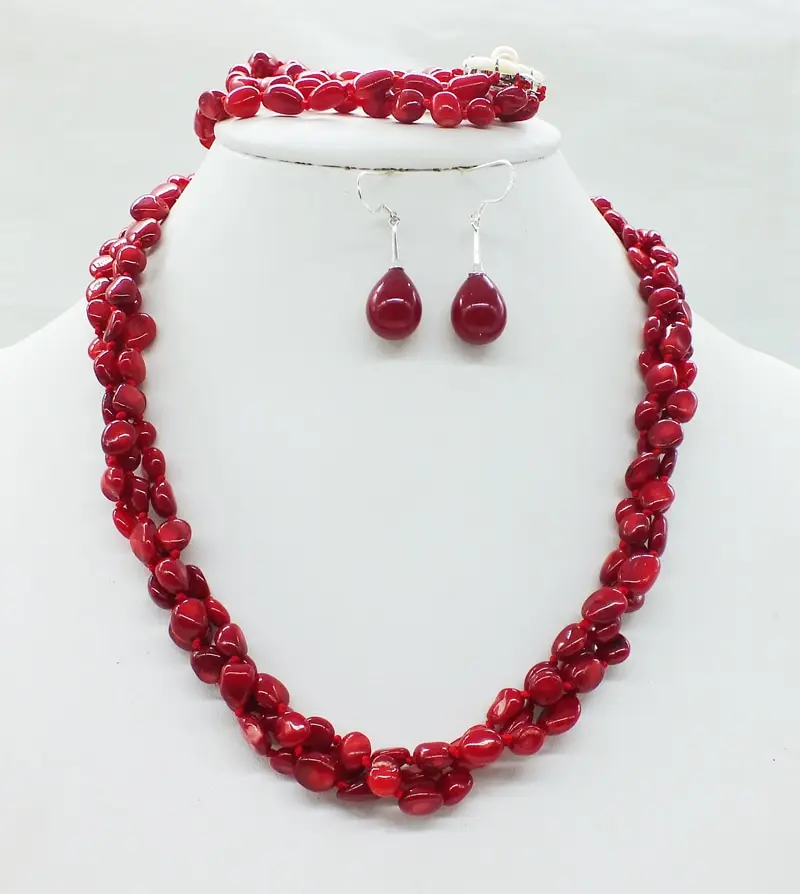 Its gorgeous classic 3 shares  red coral necklace  Bracelet Earrings  Wedding Jewelry Set 18"