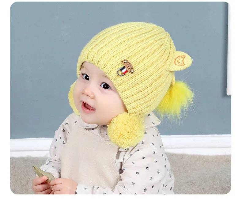 New Baby Knit Hat Autumn And Winter Thickening Female Baby Winter Hat  With Hair Ball Newborn Wool Hat Out Of The Ear Cap GCG42 (9)