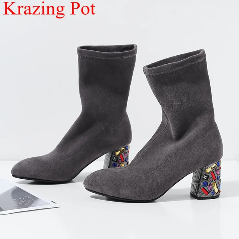 

2018 rhinestone square heel flock mid-calf boots slip on strech boots elegant big size sock motorcycle boots autumn shoes L28