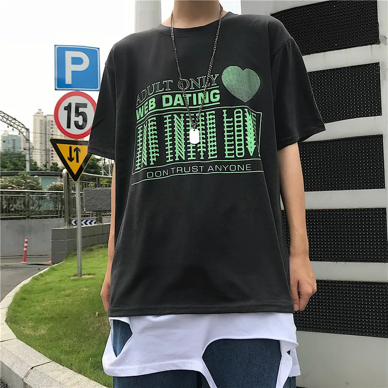

Lychee Casual Loose Solid Color Women Summer Tops Harajuku Green Letter Heart Print Women T Shirt Short Sleeve Lady T-shirt