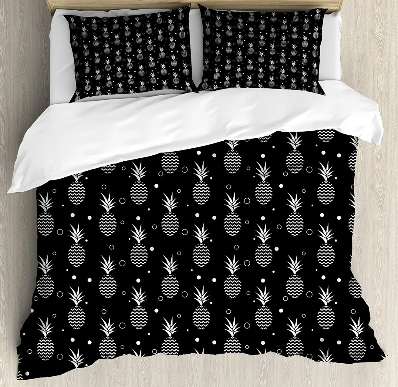 

Tropical Duvet Cover Set, Monochrome Pineapples with Abstract Zigzag Design on a Greyscale Background 4 Piece Bedding Set