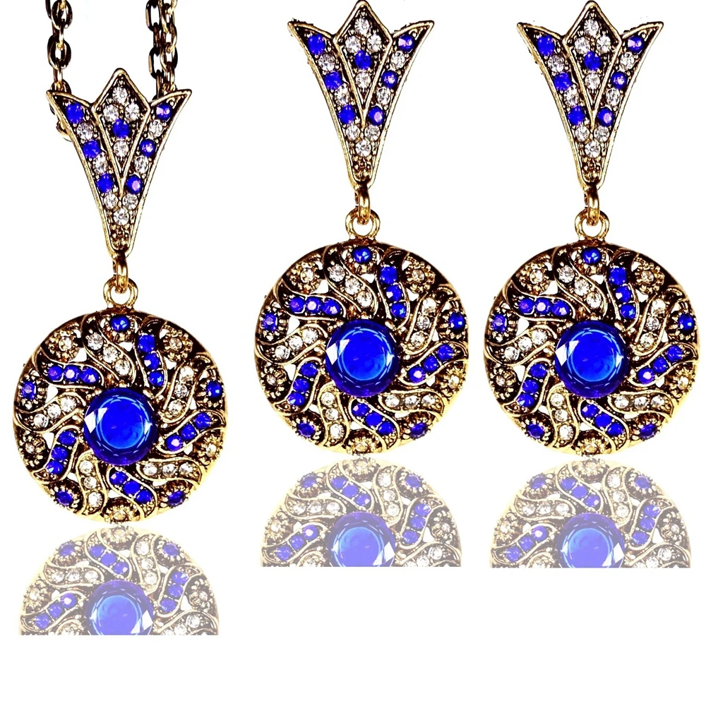Download Turkish Style Sun Pattern Round Jewelry Set Gold Tone Micro Pave Crystal Blue Stone Dome Antique ...