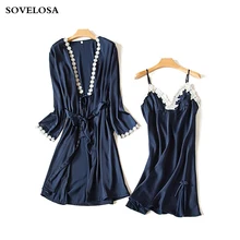 Женские пижамы, комплект из двух предметов, сексуальные кружевные атласные ночные рубашки, шелковый халат и платье на бретельках, пижамный комплект, халат, одежда для сна, женская пижама