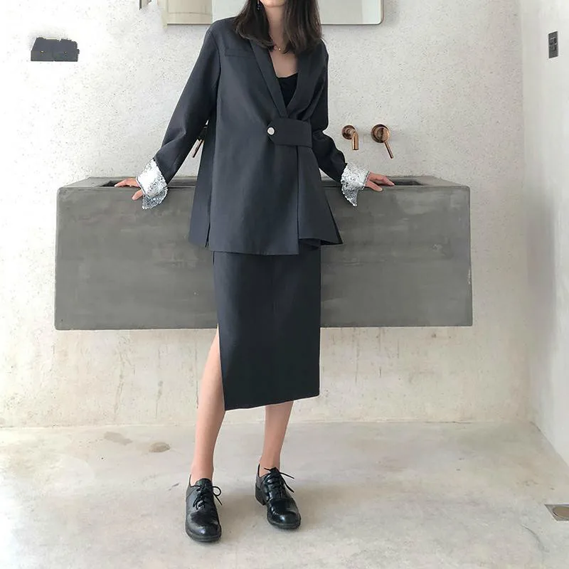 

Women's Sets Chic Single Button Black Blazer High Waist Long Skirt Two Piece Set Fashion Women 2 Piece Diamond Sequin Skirt V946