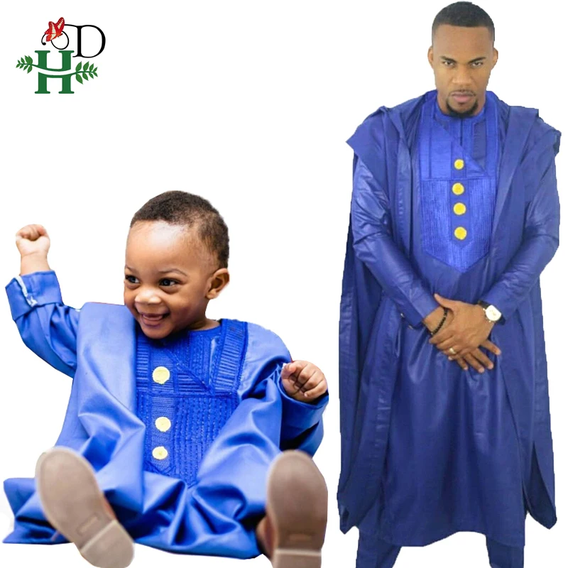 

H&D 2019 dashiki father son set african clothes men dashiki bazin riche shirt pant 3 pieces suits africa kids blue clothing 8003