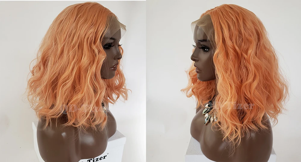 QD-Tizer оранжевый цвет свободная волна синтетический парик фронта шнурка Короткие Lob волосы без клея с волосами младенца кружева передние парики для черных женщин