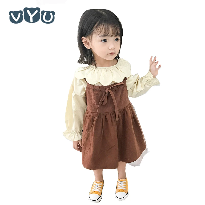 

2018 Autumn Winter New Baby Toddler Girls Sets Long Sleeved Petal Collar Blouse+Linen Mesh Vest Dress Infant Kids Clothes 1~4Yrs
