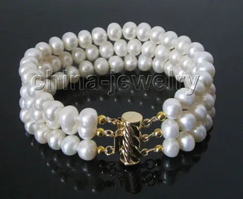 

Beautiful 8" 3row 8mm white bread shape freshwater pearl bracelet-GP clasp@^Noble style Natural Fine jewe SHIPPING new >>free sh