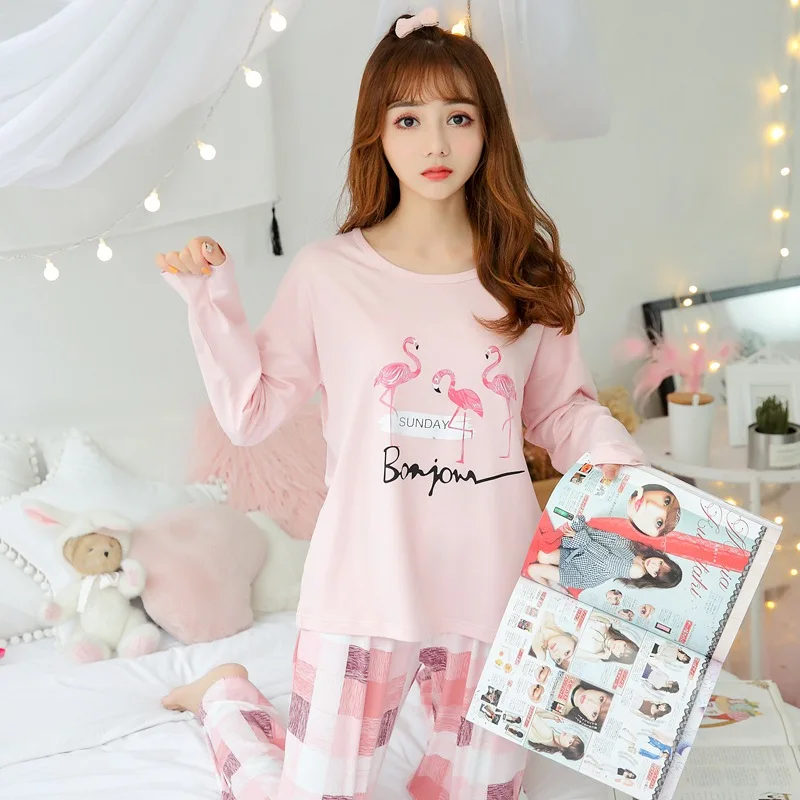Весенняя Осенняя Пижама, комплекты для женщин, пижама с длинными рукавами для девочек, милая одежда для сна с рисунком фламинго, домашняя пижама, одежда Mujer