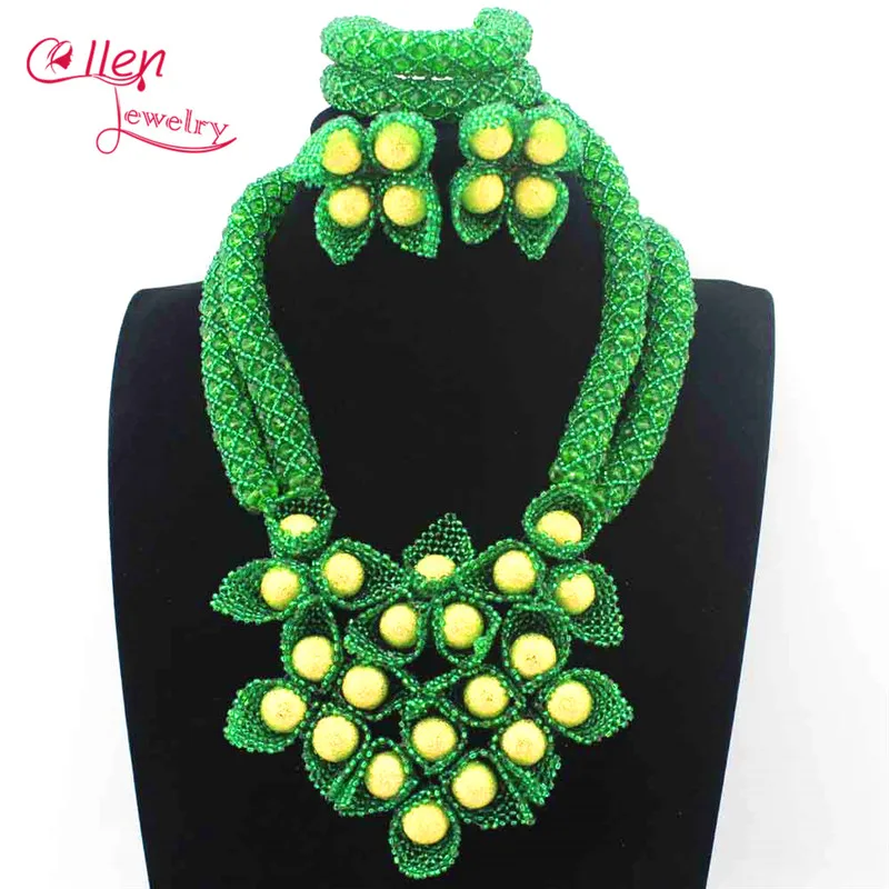 

New 2019 Fabulous Green Wedding African Beads Jewelry Set Indian nigerian wedding Beaded Anniversary Party Jewelry Set E1134