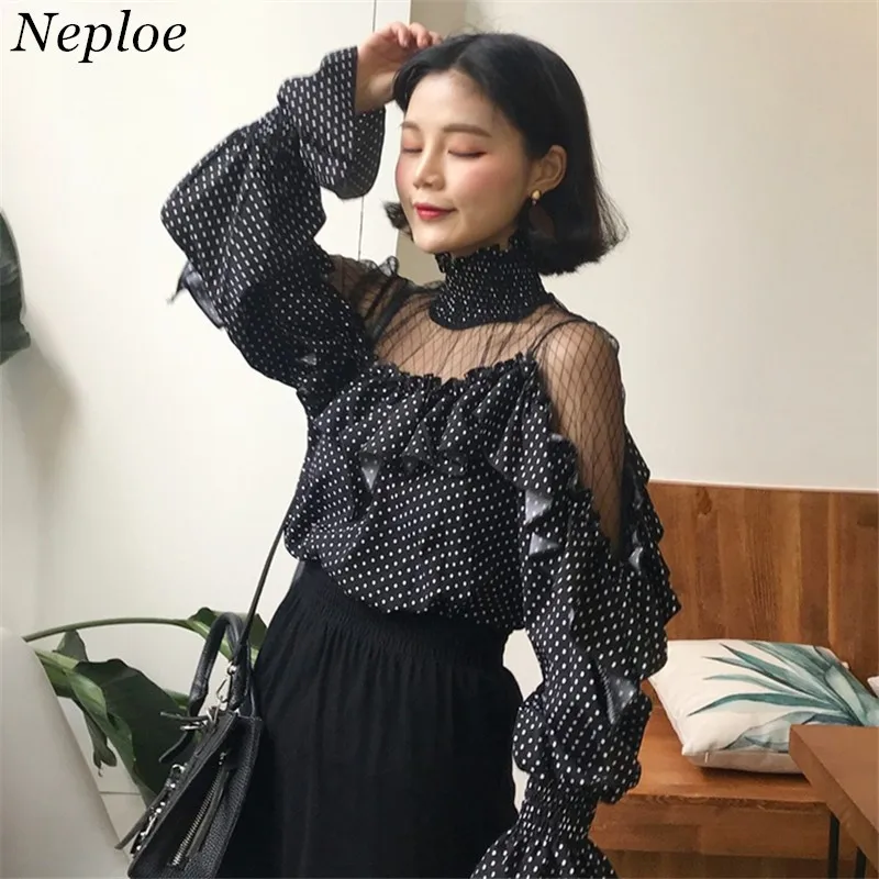 

Neploe Ruffles Sexy Mesh Patchwork Dot Shirts Korean Spring Newly Flare Sleeve Turtleneck Women Blusas Fashion Blouse 67007