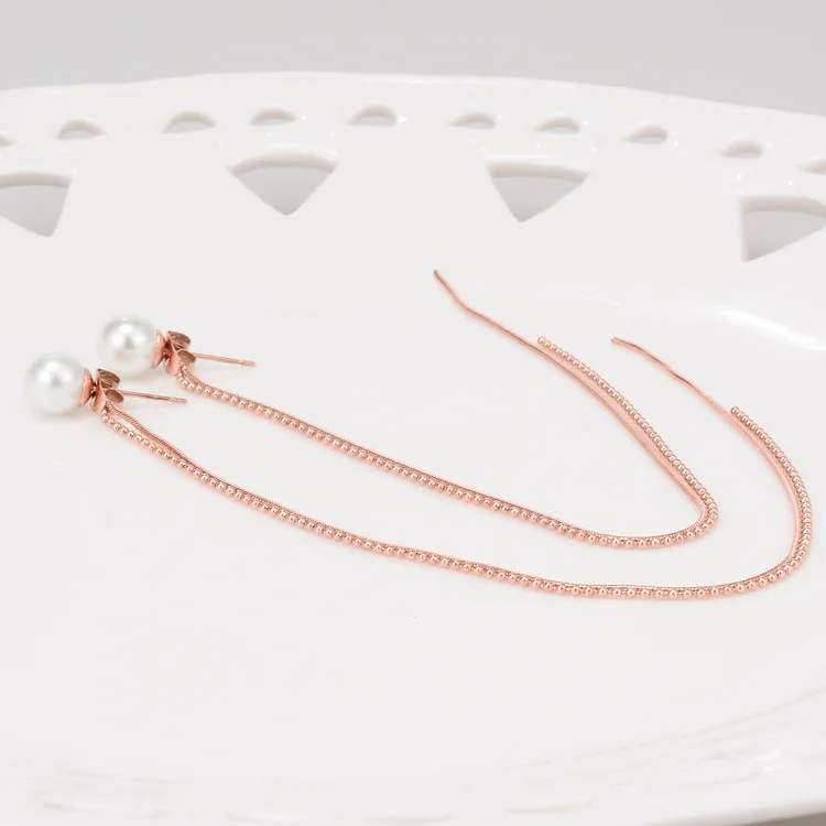 Розовый цвет золотистый длинные серьги кисточкой для женщин, серьги из нержавеющей стали имитация жемчуга букле d'oreille longue pendante