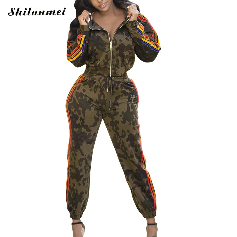 

Punk Polyester Women Sportswear Set Comouflage Print Tracksuit Bodycon Pants Coat Front Zipper Hooded Sexy Clothes Suit Femme