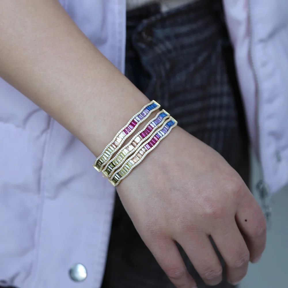 

gold Color rainbow bangle bracelet 56-58mm for women bezel set baguette cubic zirconia fashion trendy gorgeous lady jewelry