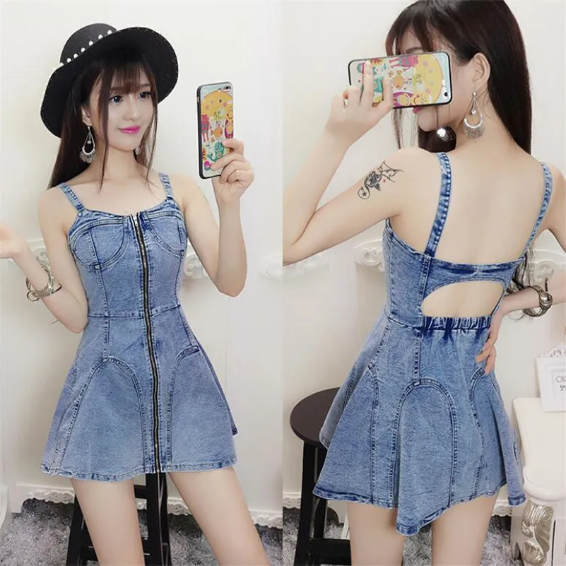 

2019 summer women Fashion Suspender Denim dress female sexy Backless sleeveless zipper Denim sunderss mini jeans dress p863