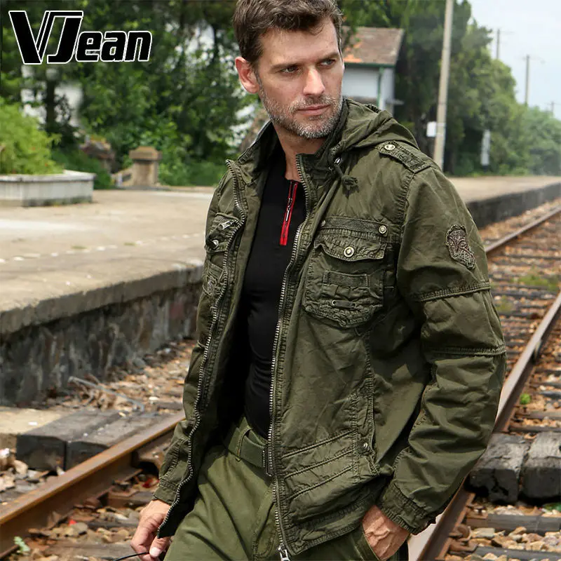 V JEAN Men's Rugged Tactical Jacket Hooded with Pockets